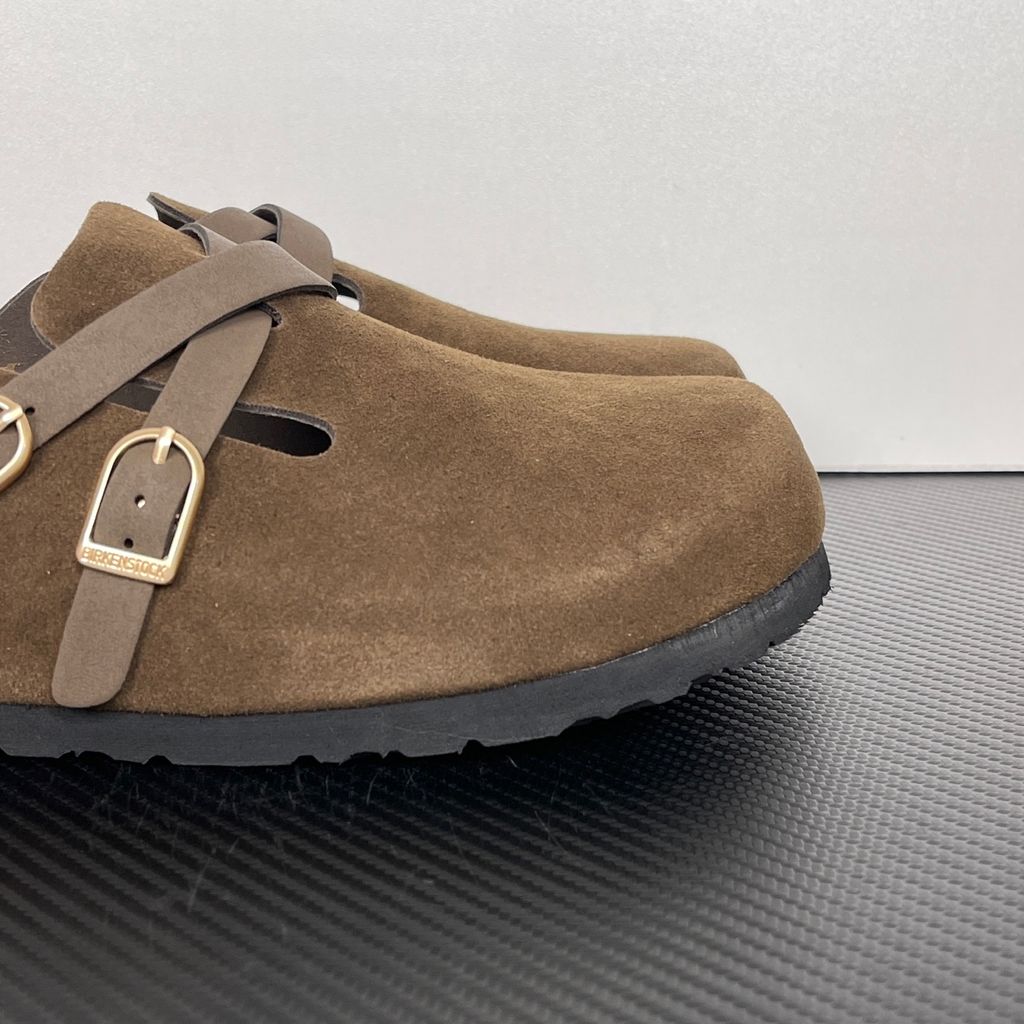 Birkenstock Blair 1032885 Carafe Brown Suede Clogs with Crossed Buckle Straps and Soft Cork Footbed