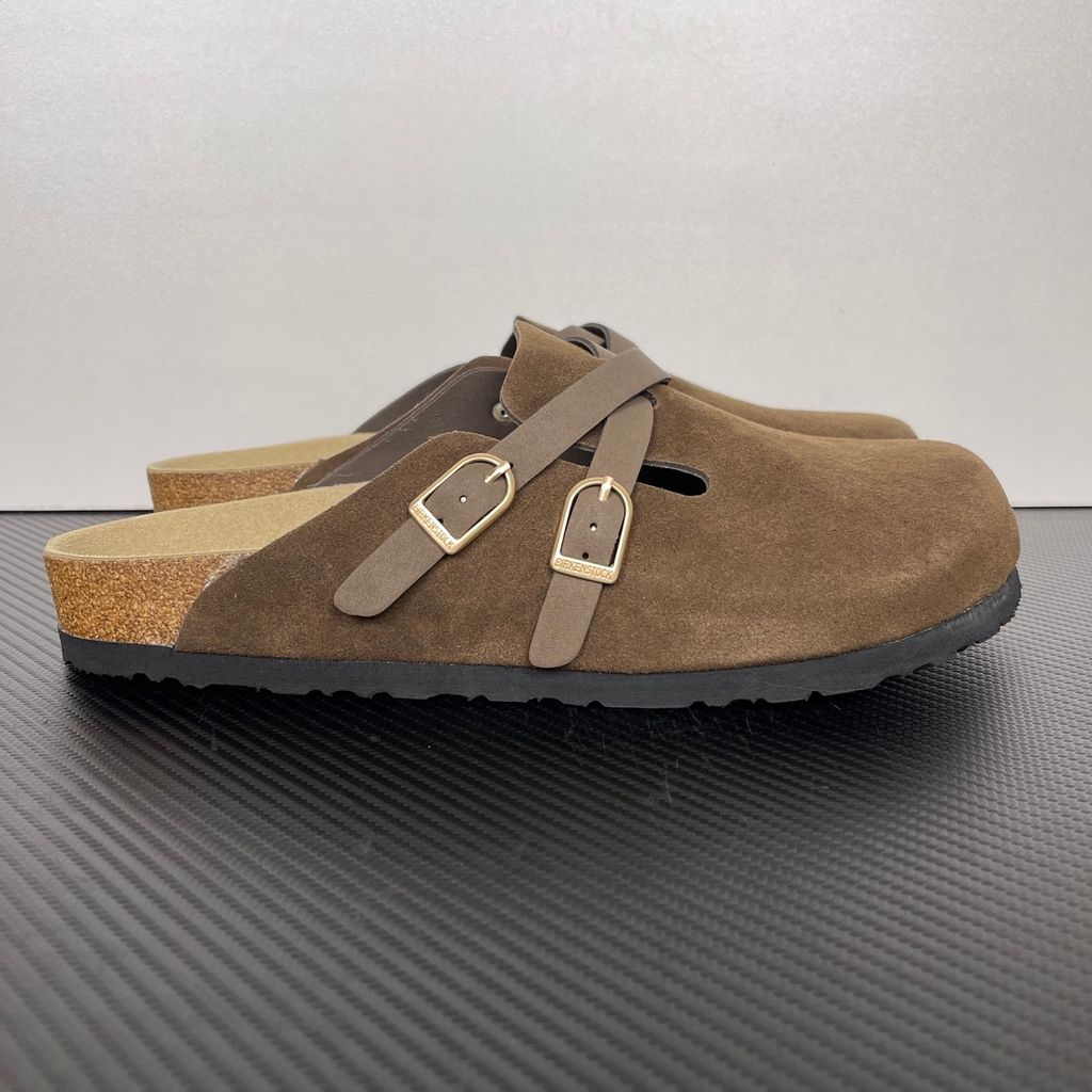 Birkenstock Blair 1032885 Carafe Brown Suede Clogs with Crossed Buckle Straps and Soft Cork Footbed