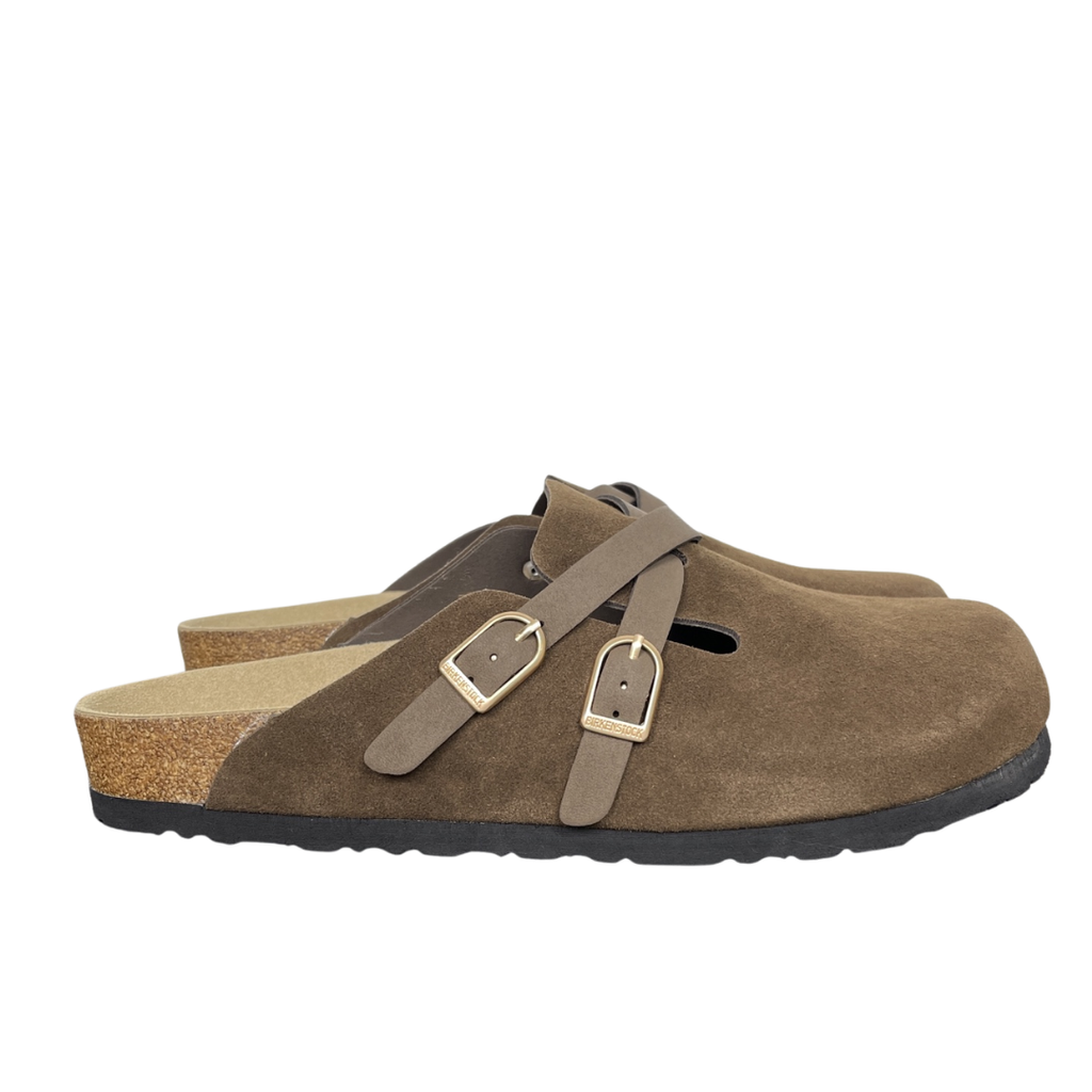 Birkenstock Blair 1032885 Carafe Brown Suede Clogs with Crossed Buckle Straps and Soft Cork Footbed