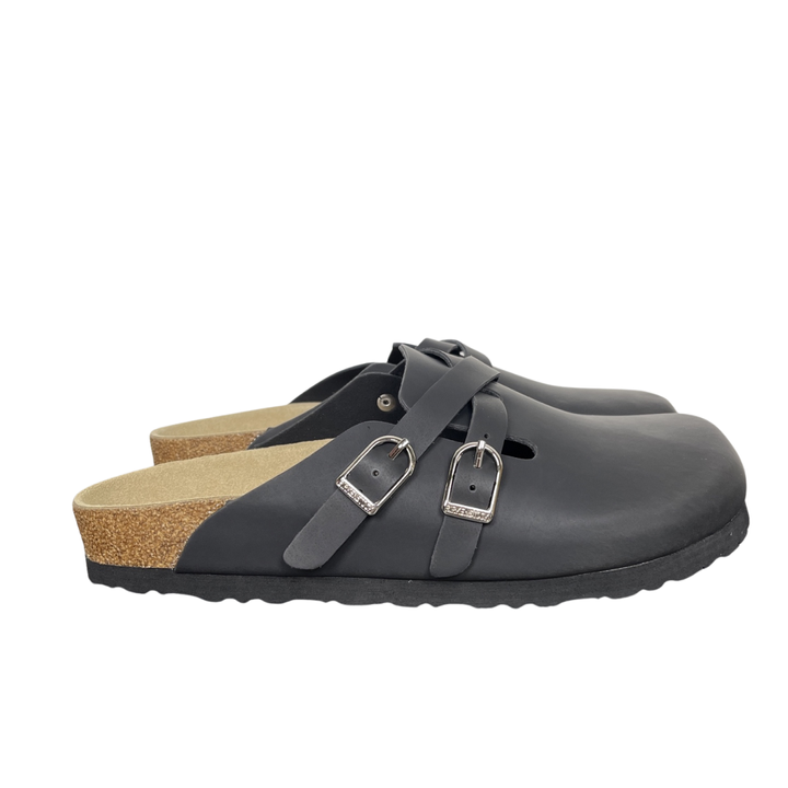 Birkenstock Blair 107499 Black Suede Clogs with Crossed Buckle Straps and Soft Cork Footbed