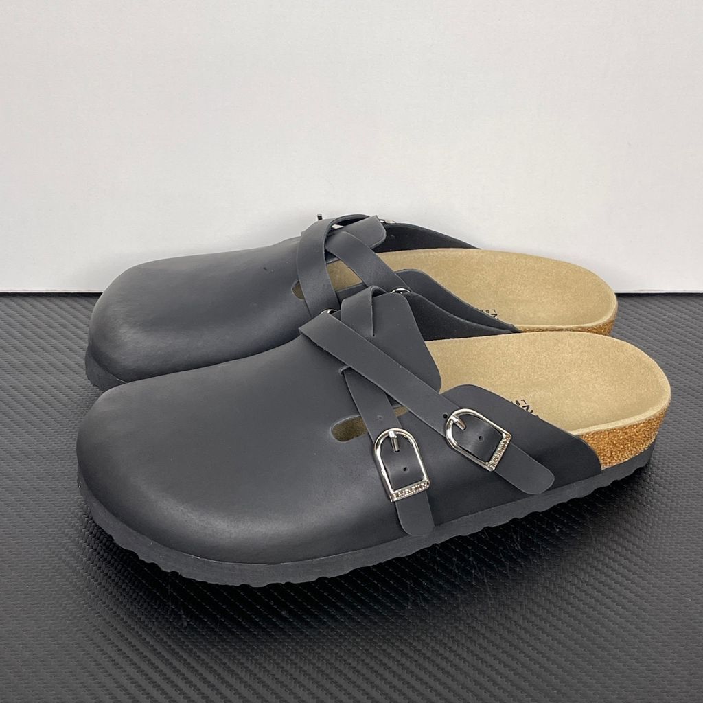 Birkenstock Blair 107499 Black Suede Clogs with Crossed Buckle Straps and Soft Cork Footbed