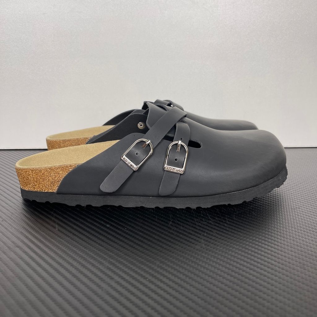 Birkenstock Blair 107499 Black Suede Clogs with Crossed Buckle Straps and Soft Cork Footbed