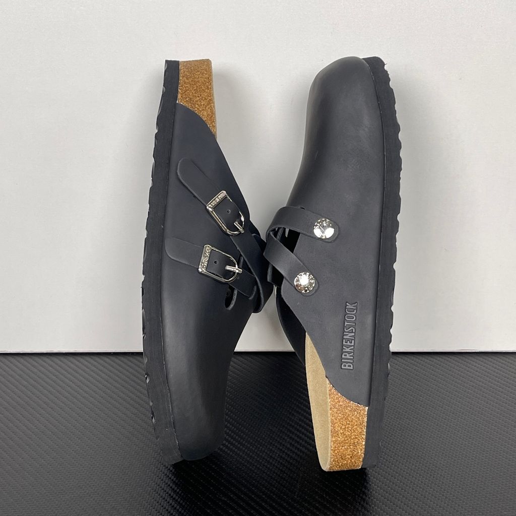 Birkenstock Blair 107499 Black Suede Clogs with Crossed Buckle Straps and Soft Cork Footbed