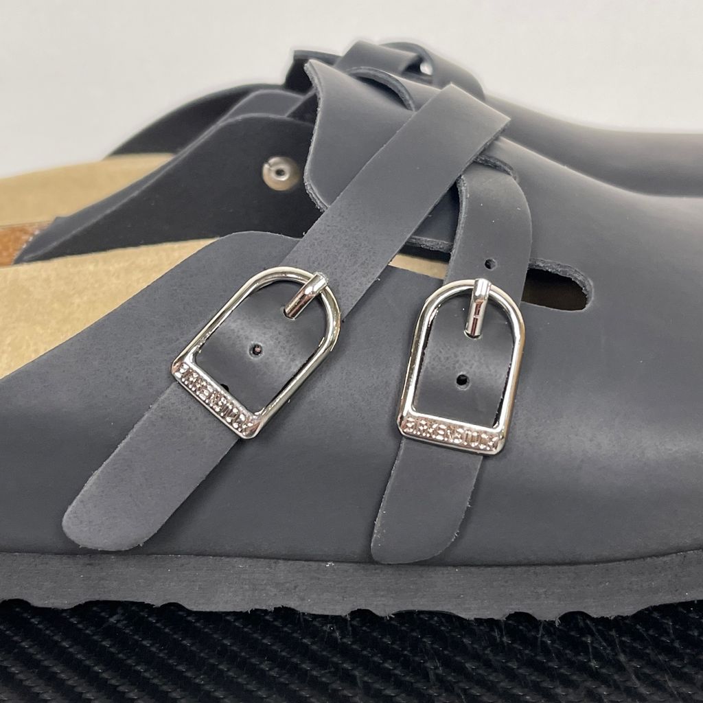 Birkenstock Blair 107499 Black Suede Clogs with Crossed Buckle Straps and Soft Cork Footbed