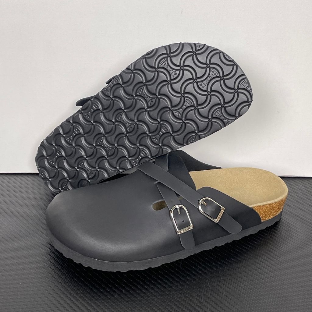 Birkenstock Blair 107499 Black Suede Clogs with Crossed Buckle Straps and Soft Cork Footbed