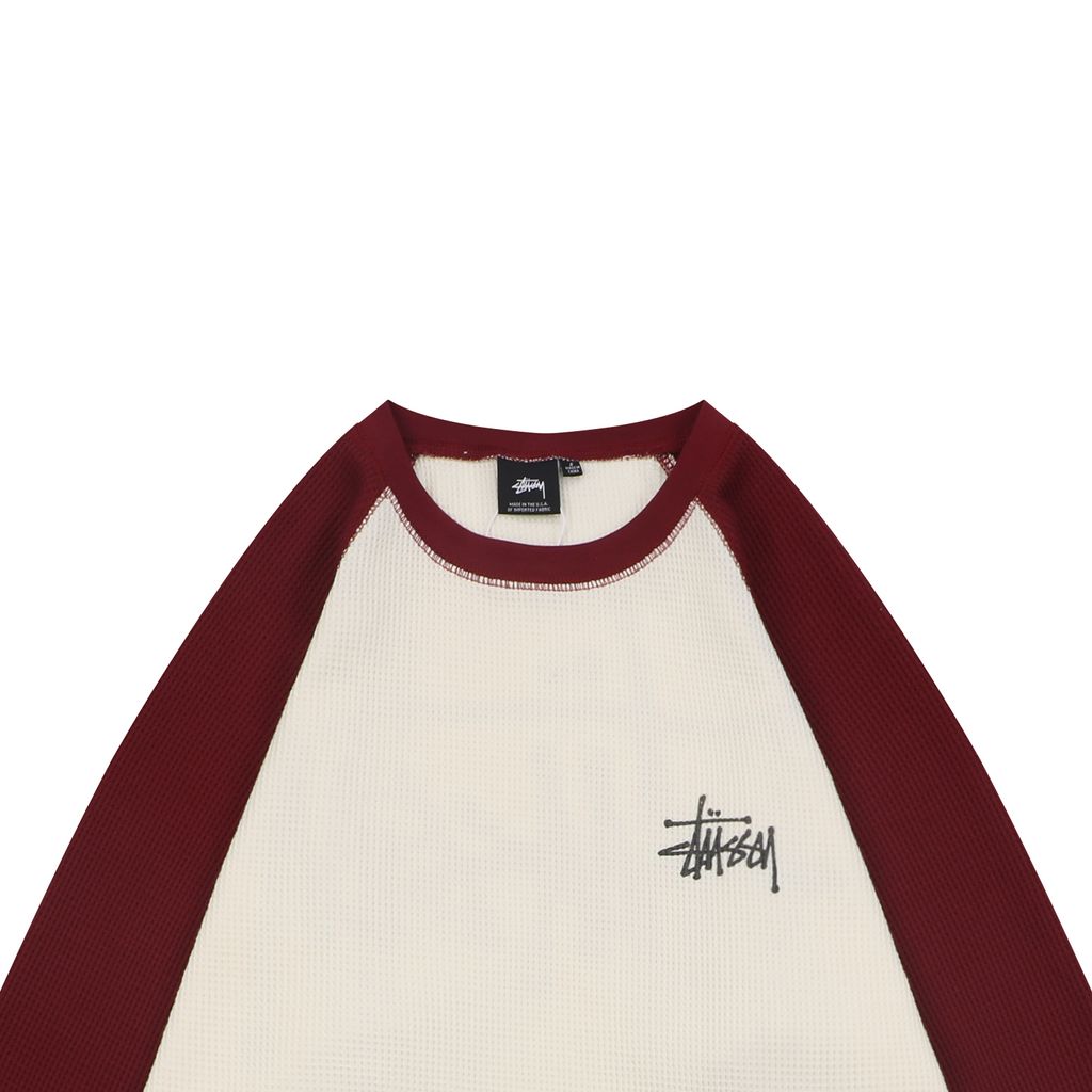 Stussy color block waffle letter print long sleeve T-shirt two tone waffle knit raglan sleeves relaxed fit vintage washed streetwear top sizes S-XL