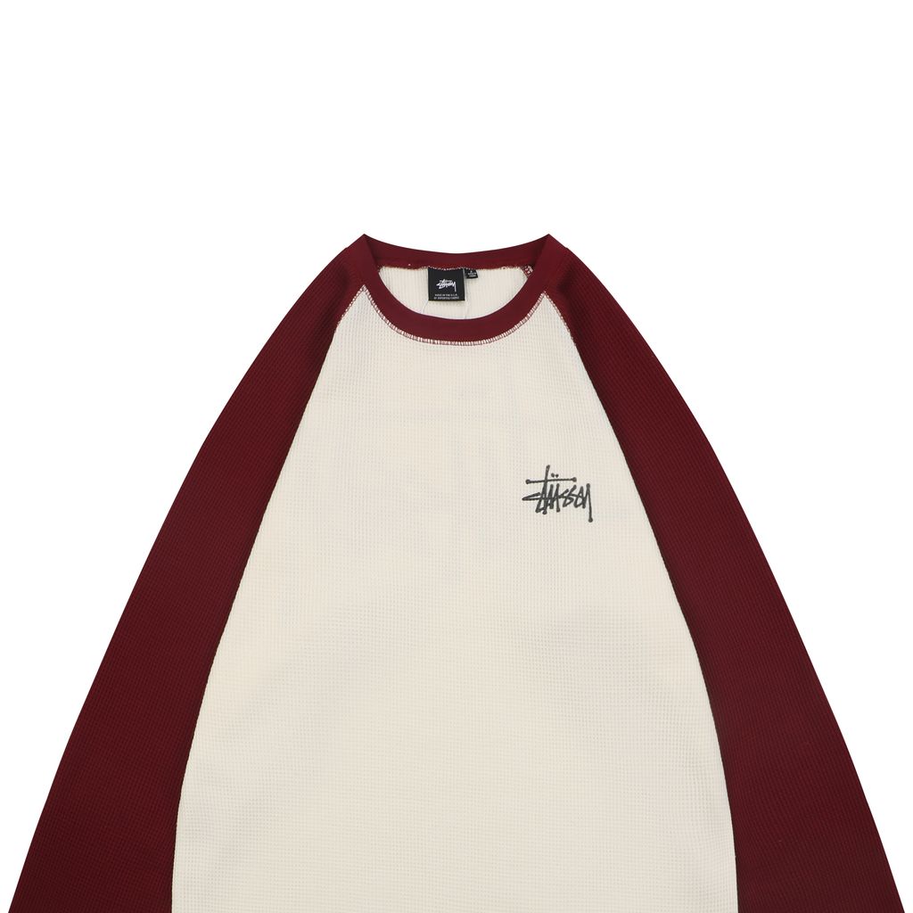 Stussy color block waffle letter print long sleeve T-shirt two tone waffle knit raglan sleeves relaxed fit vintage washed streetwear top sizes S-XL