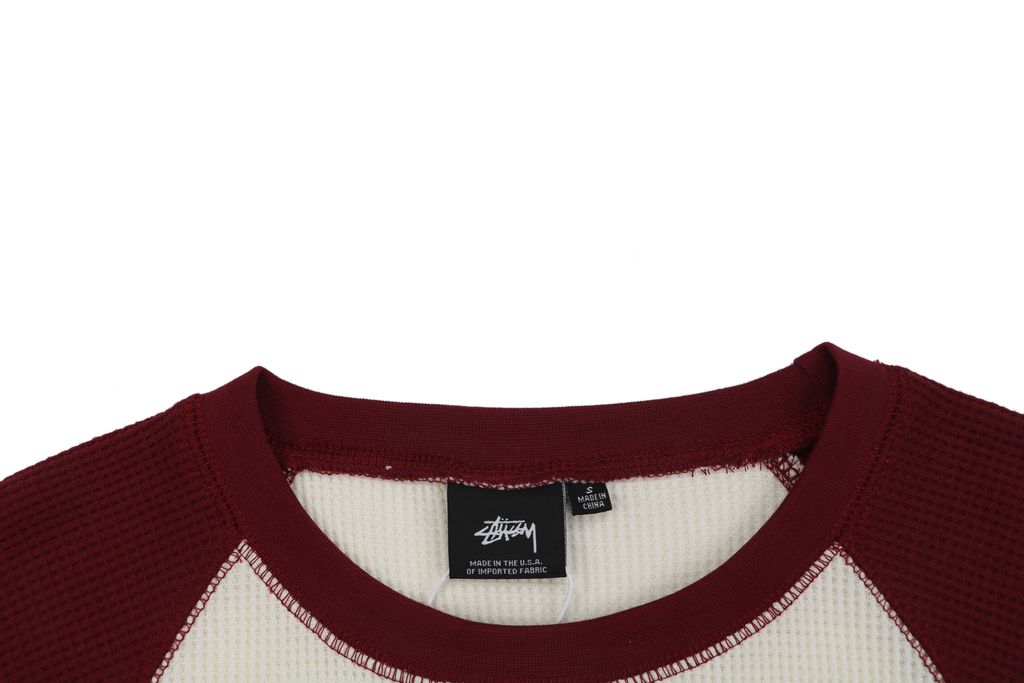 Stussy color block waffle letter print long sleeve T-shirt two tone waffle knit raglan sleeves relaxed fit vintage washed streetwear top sizes S-XL