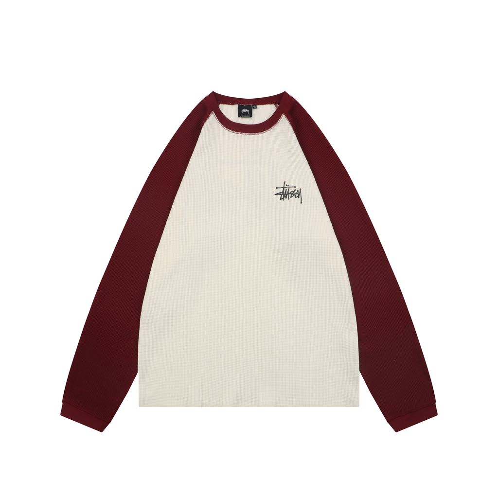 Stussy color block waffle letter print long sleeve T-shirt two tone waffle knit raglan sleeves relaxed fit vintage washed streetwear top sizes S-XL