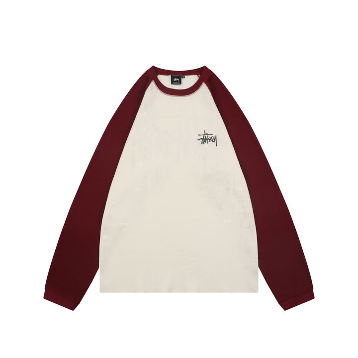 Stussy color block waffle letter print long sleeve T-shirt two tone waffle knit raglan sleeves relaxed fit vintage washed streetwear top sizes S-XL