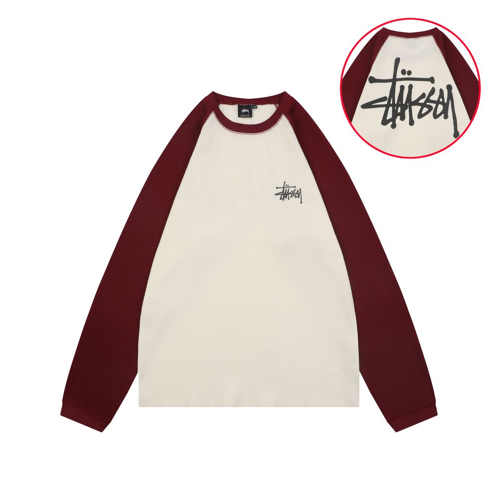 Stussy color block waffle letter print long sleeve T-shirt two tone waffle knit raglan sleeves relaxed fit vintage washed streetwear top sizes S-XL