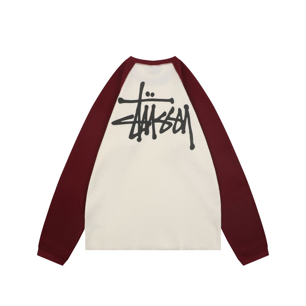 Stussy color block waffle letter print long sleeve T-shirt two tone waffle knit raglan sleeves relaxed fit vintage washed streetwear top sizes S-XL