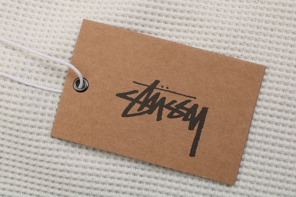 Stussy color block waffle letter print long sleeve T-shirt two tone waffle knit raglan sleeves relaxed fit vintage washed streetwear top sizes S-XL