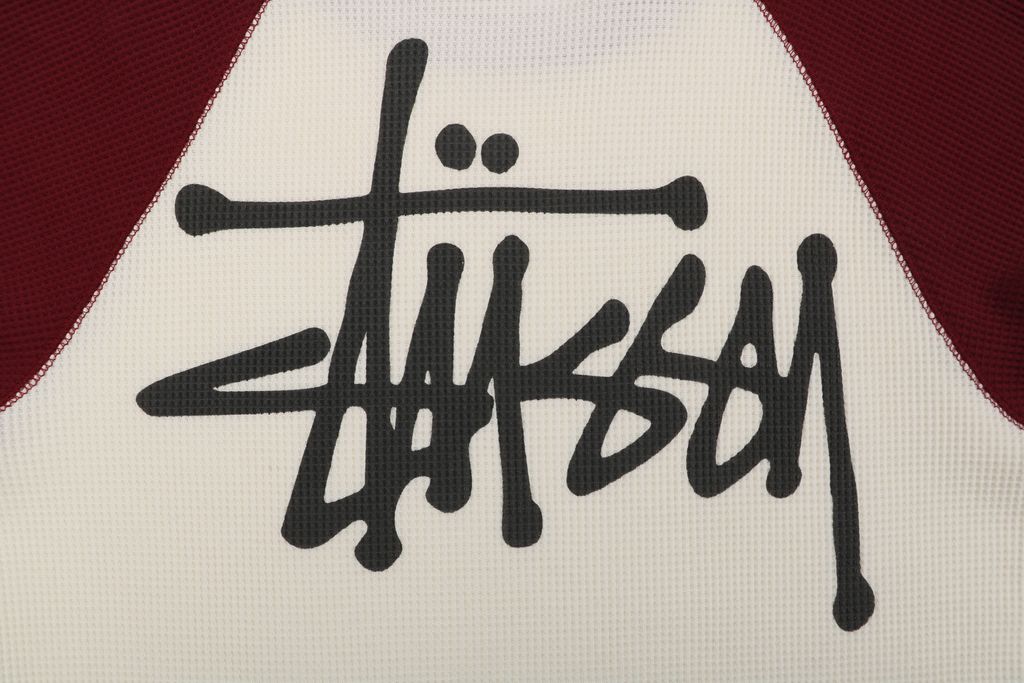 Stussy color block waffle letter print long sleeve T-shirt two tone waffle knit raglan sleeves relaxed fit vintage washed streetwear top sizes S-XL