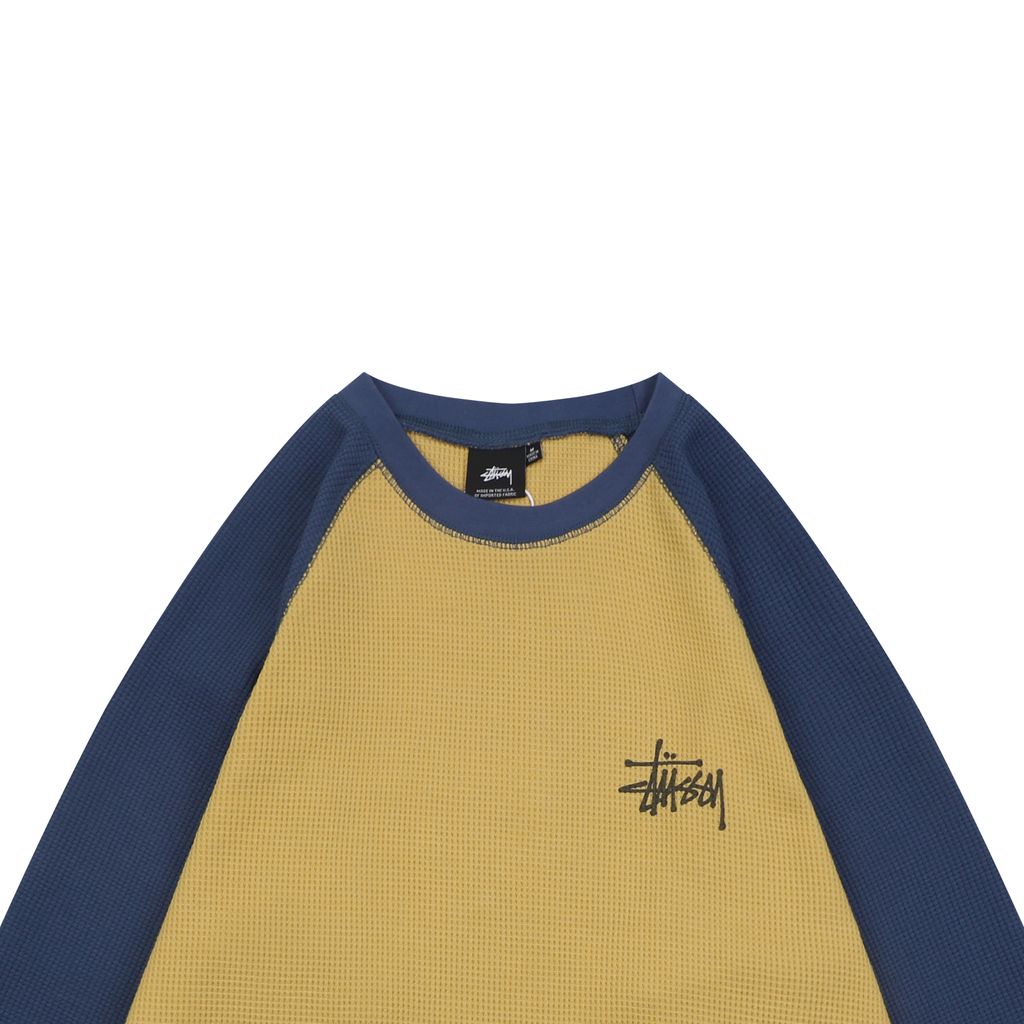 Stussy color block waffle letter print long sleeve T-shirt two tone waffle knit raglan sleeves relaxed fit vintage washed streetwear top sizes S-XL