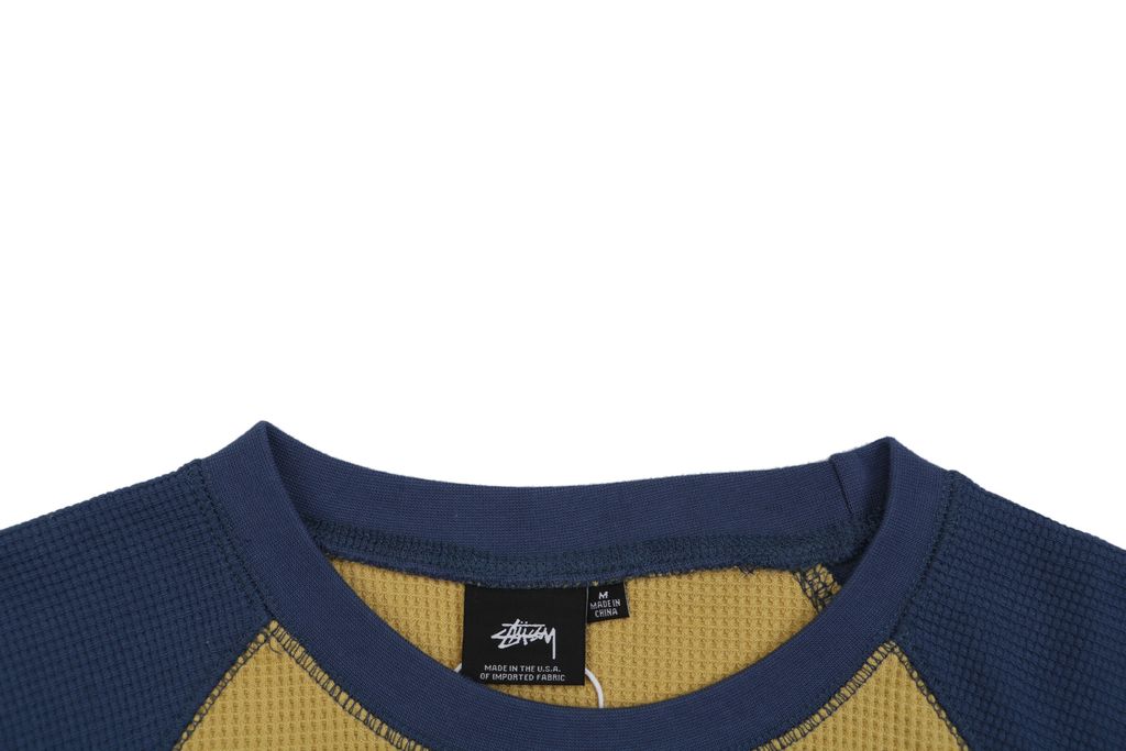 Stussy color block waffle letter print long sleeve T-shirt two tone waffle knit raglan sleeves relaxed fit vintage washed streetwear top sizes S-XL