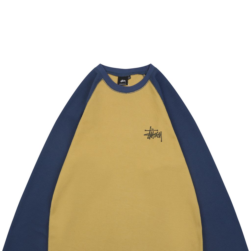 Stussy color block waffle letter print long sleeve T-shirt two tone waffle knit raglan sleeves relaxed fit vintage washed streetwear top sizes S-XL