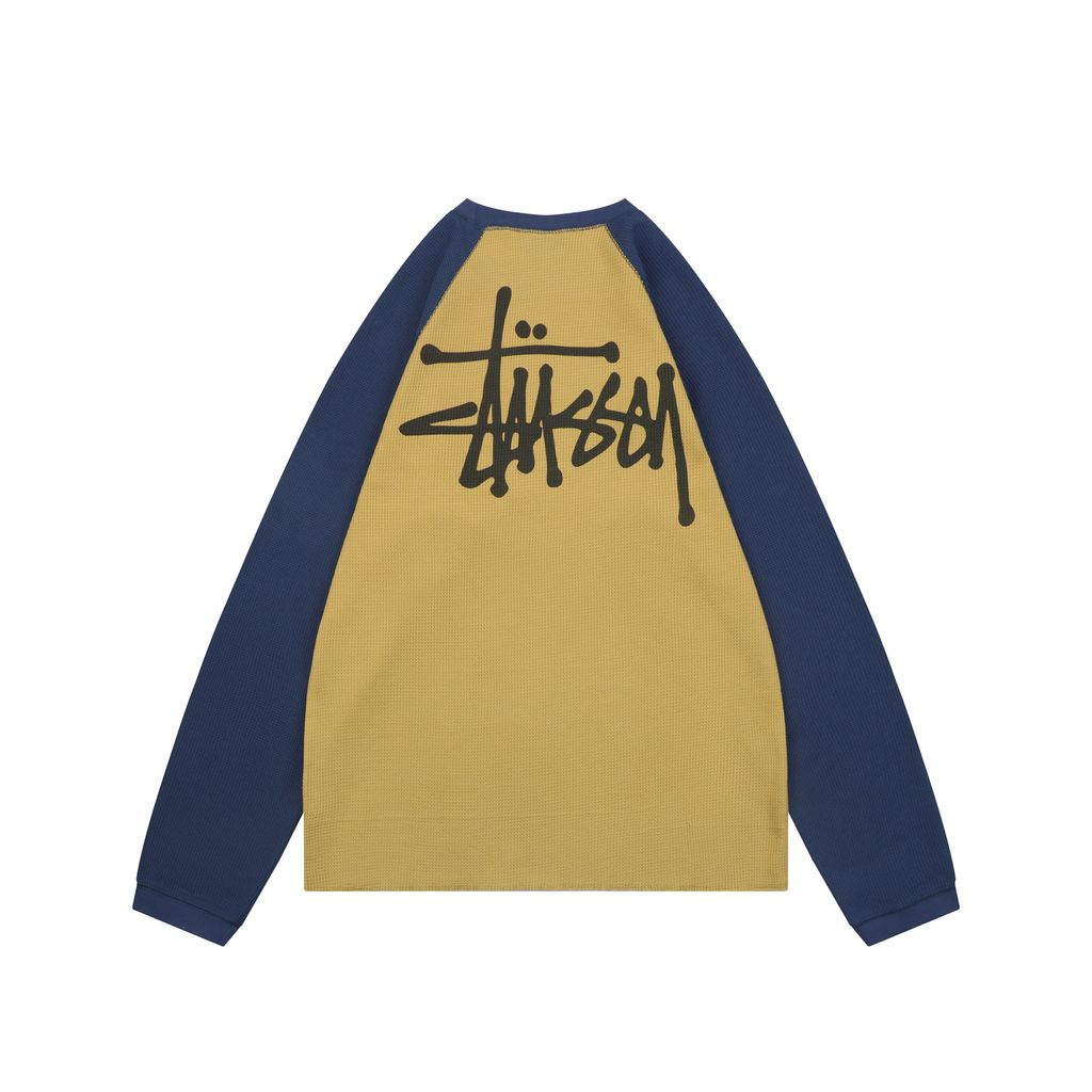 Stussy color block waffle letter print long sleeve T-shirt two tone waffle knit raglan sleeves relaxed fit vintage washed streetwear top sizes S-XL