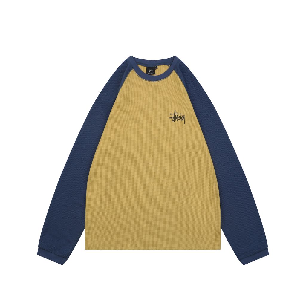 Stussy color block waffle letter print long sleeve T-shirt two tone waffle knit raglan sleeves relaxed fit vintage washed streetwear top sizes S-XL