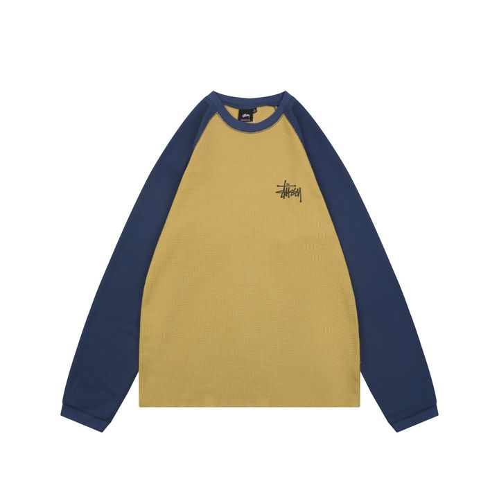 Stussy color block waffle letter print long sleeve T-shirt two tone waffle knit raglan sleeves relaxed fit vintage washed streetwear top sizes S-XL
