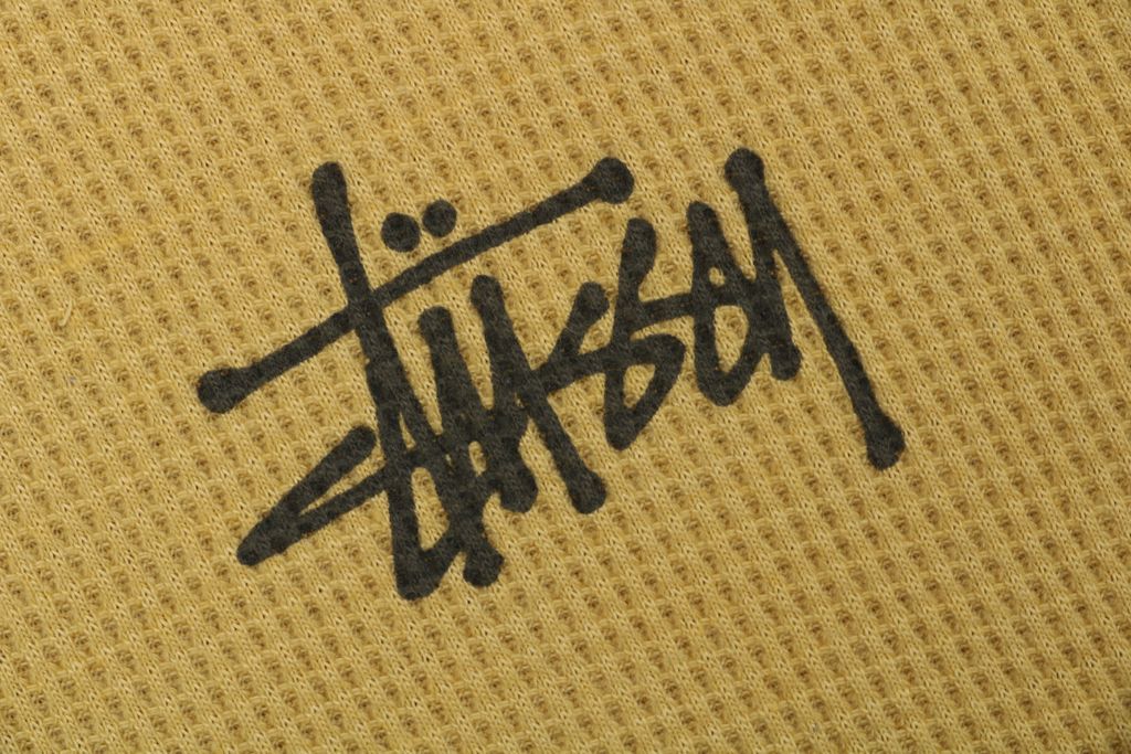 Stussy color block waffle letter print long sleeve T-shirt two tone waffle knit raglan sleeves relaxed fit vintage washed streetwear top sizes S-XL