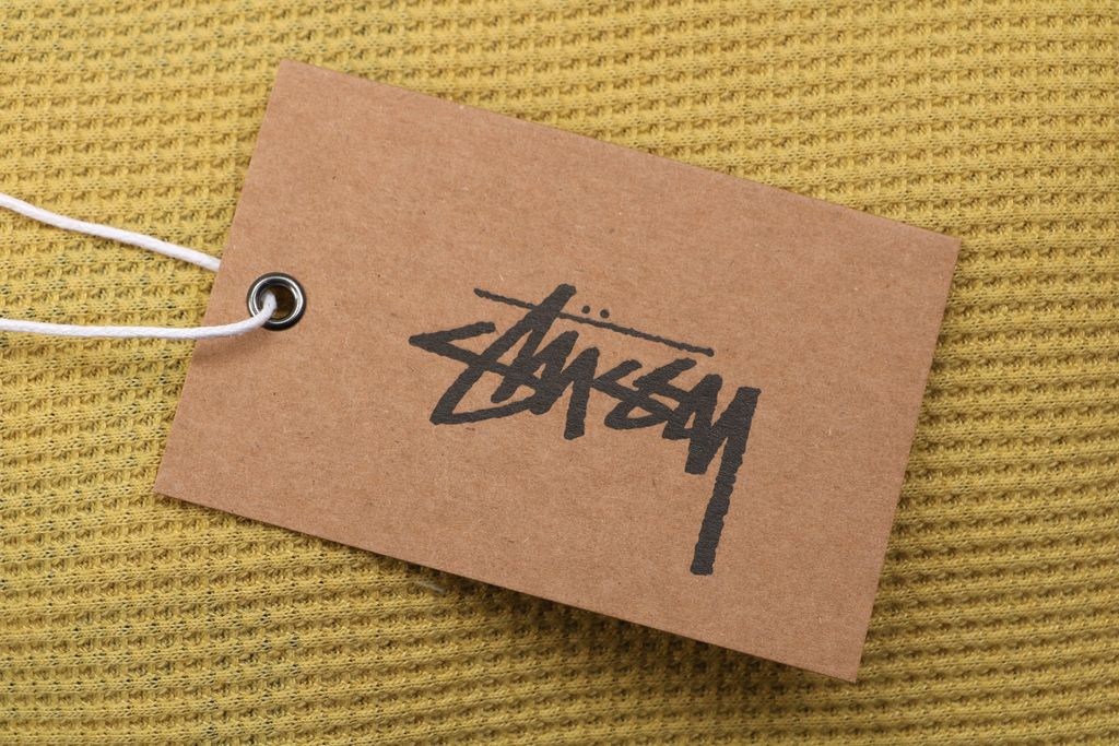 Stussy color block waffle letter print long sleeve T-shirt two tone waffle knit raglan sleeves relaxed fit vintage washed streetwear top sizes S-XL