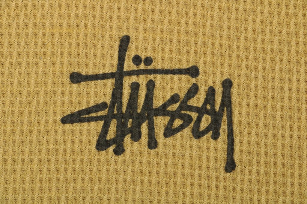 Stussy color block waffle letter print long sleeve T-shirt two tone waffle knit raglan sleeves relaxed fit vintage washed streetwear top sizes S-XL