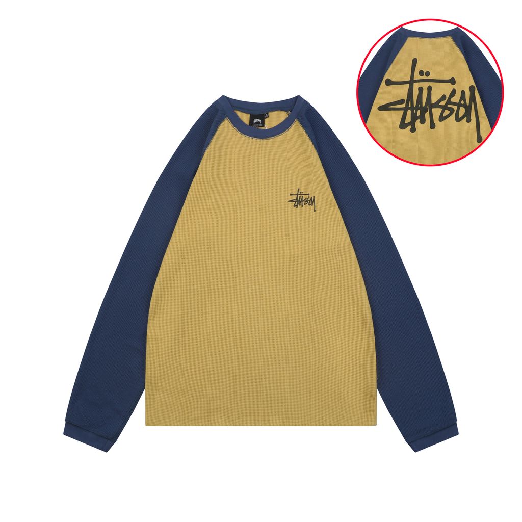 Stussy color block waffle letter print long sleeve T-shirt two tone waffle knit raglan sleeves relaxed fit vintage washed streetwear top sizes S-XL