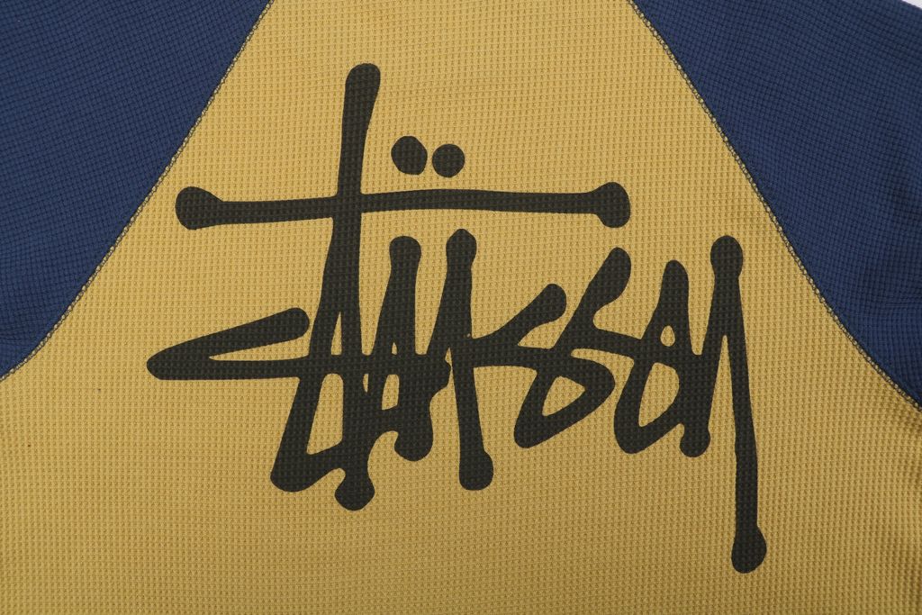 Stussy color block waffle letter print long sleeve T-shirt two tone waffle knit raglan sleeves relaxed fit vintage washed streetwear top sizes S-XL