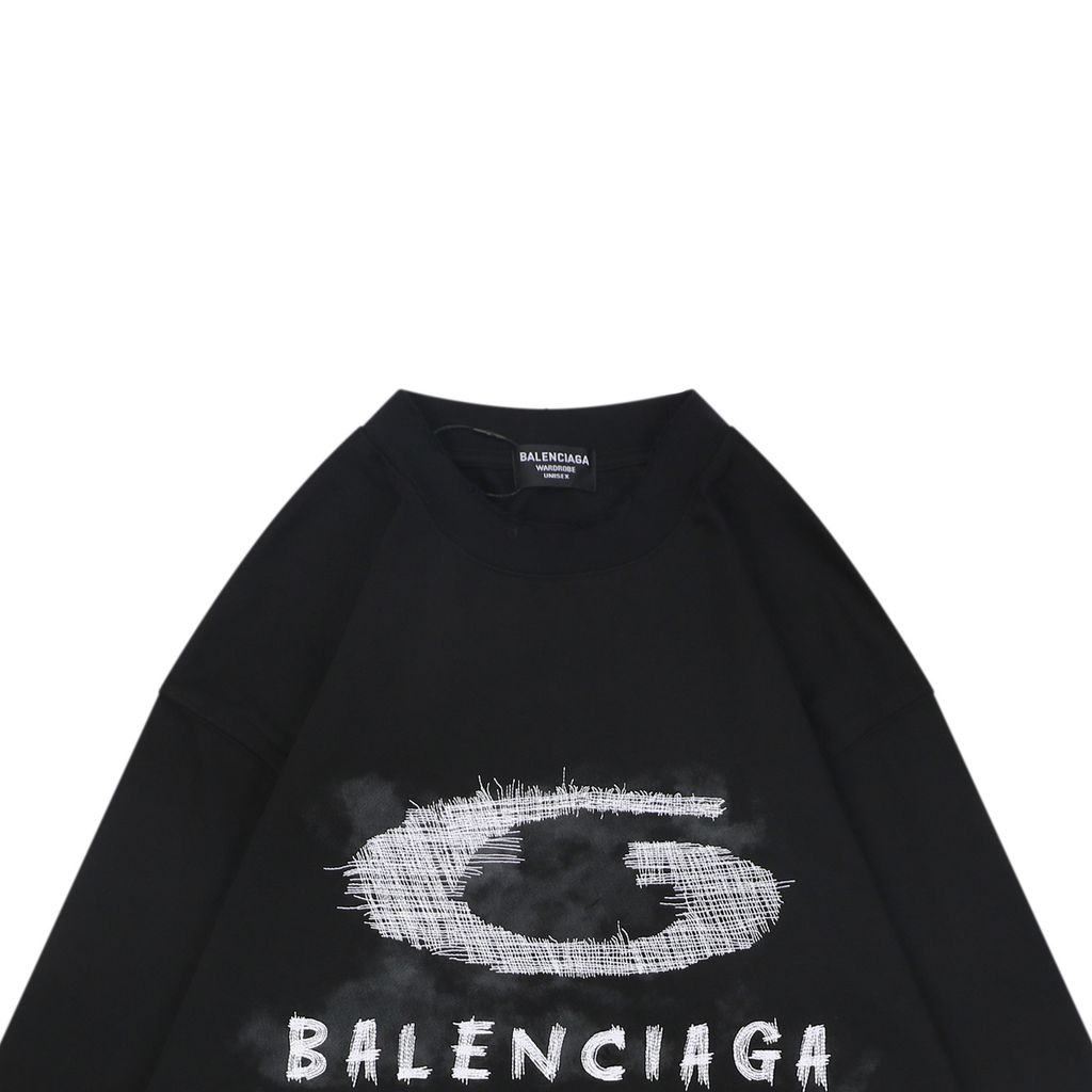 Balenciaga smoke ring letter long sleeve T-shirt 230g combed cotton custom dyed relaxed fit ribbed crew neck washed streetwear tee sizes S-XL