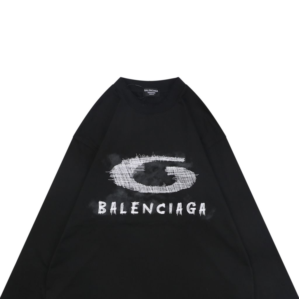 Balenciaga smoke ring letter long sleeve T-shirt 230g combed cotton custom dyed relaxed fit ribbed crew neck washed streetwear tee sizes S-XL