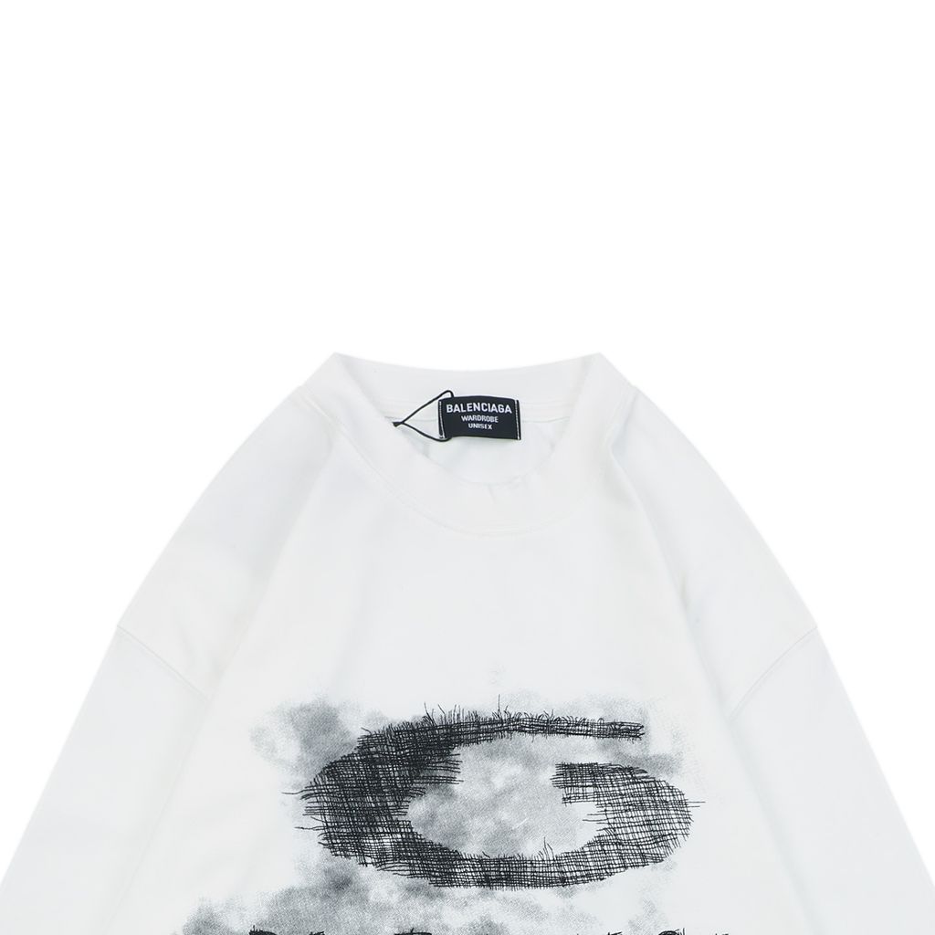 Balenciaga smoke ring letter long sleeve T-shirt white 230g combed cotton custom dyed relaxed fit ribbed crew neck washed streetwear tee sizes S-XL
