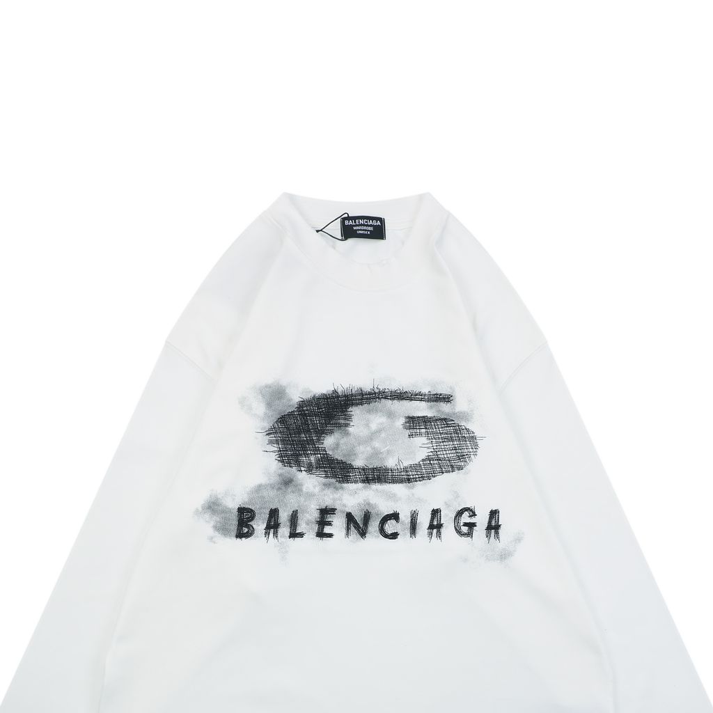Balenciaga smoke ring letter long sleeve T-shirt white 230g combed cotton custom dyed relaxed fit ribbed crew neck washed streetwear tee sizes S-XL