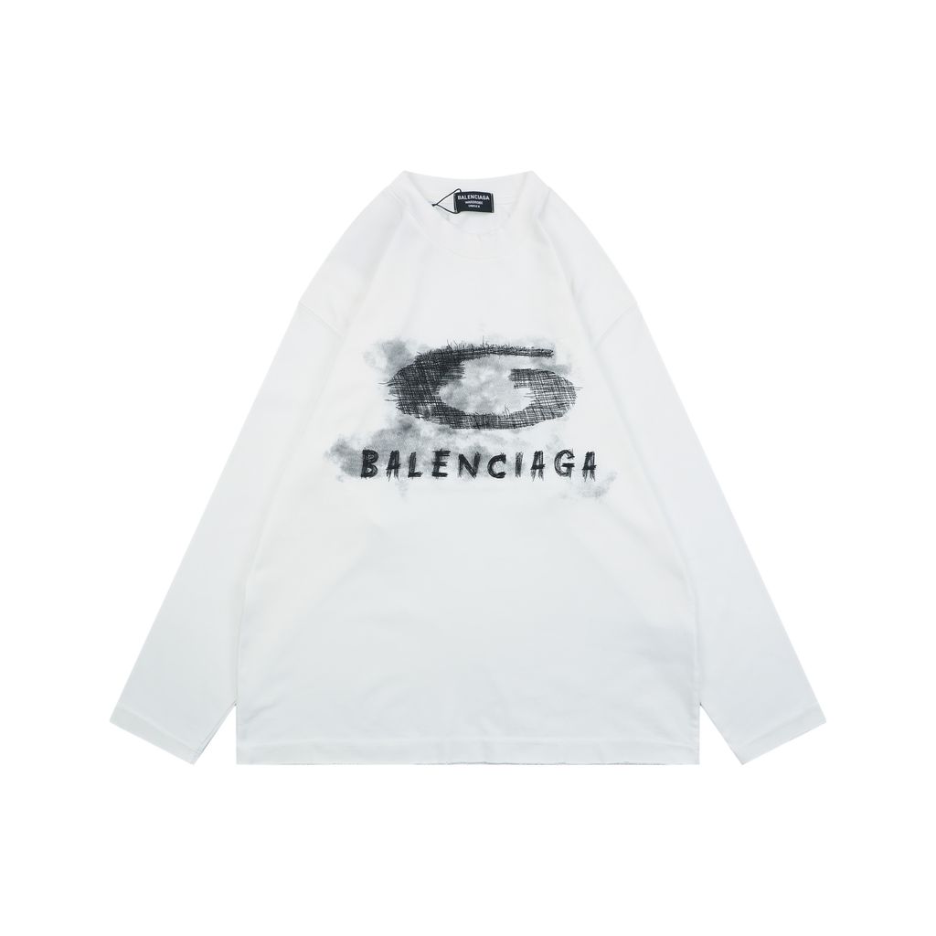 Balenciaga smoke ring letter long sleeve T-shirt white 230g combed cotton custom dyed relaxed fit ribbed crew neck washed streetwear tee sizes S-XL