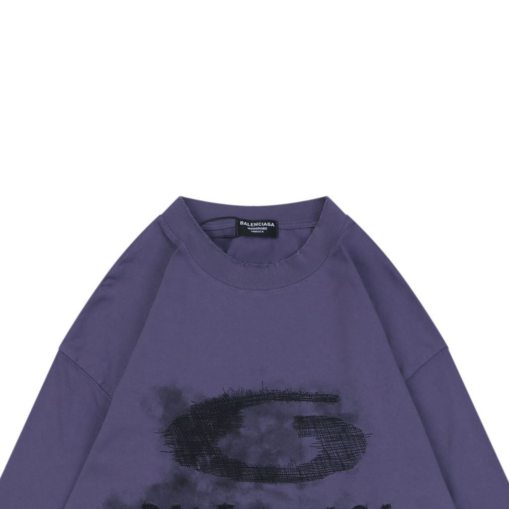Balenciaga smoke ring letter long sleeve T-shirt purple 230g combed cotton custom dyed relaxed fit ribbed crew neck washed streetwear tee sizes S-XL