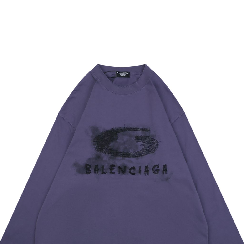 Balenciaga smoke ring letter long sleeve T-shirt purple 230g combed cotton custom dyed relaxed fit ribbed crew neck washed streetwear tee sizes S-XL