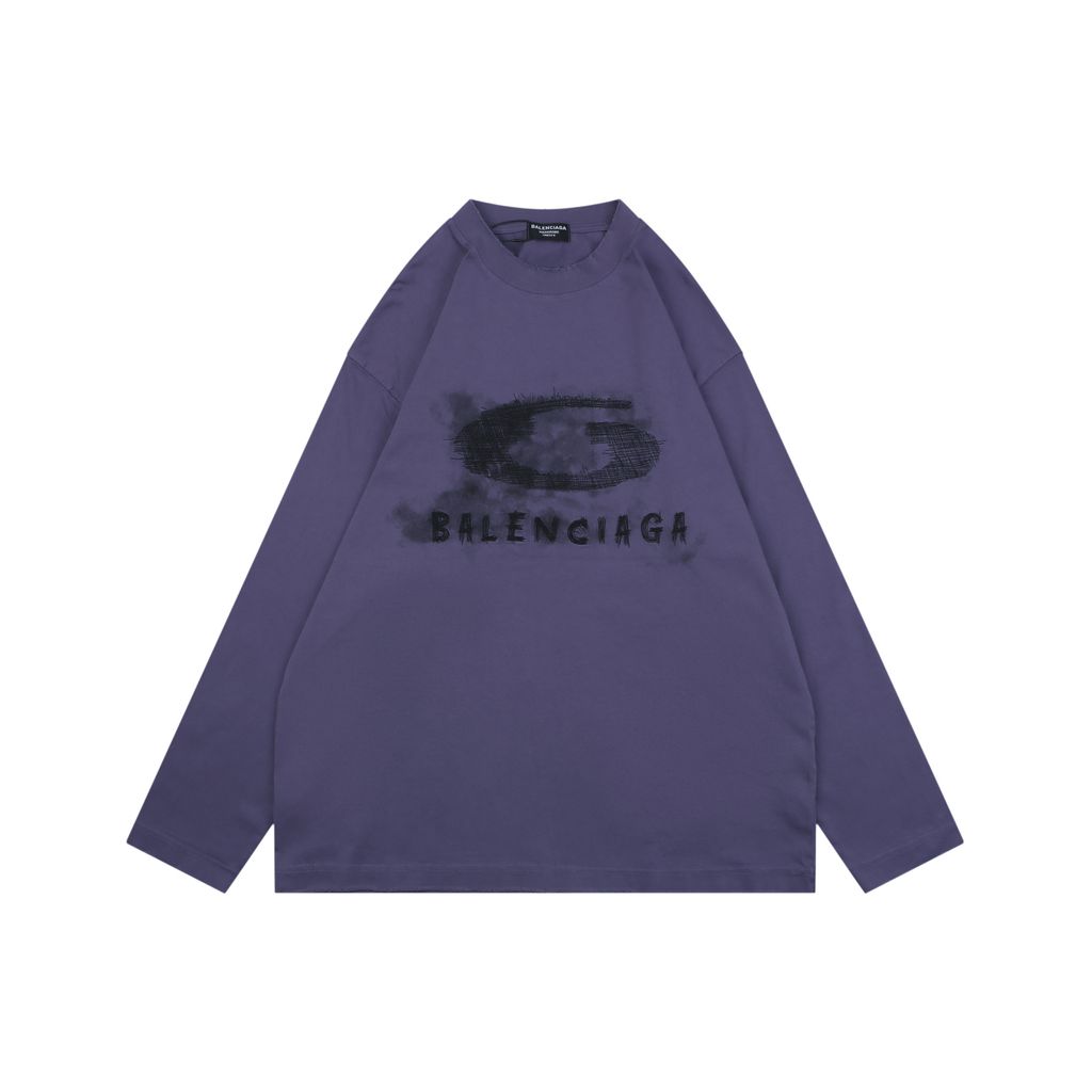 Balenciaga smoke ring letter long sleeve T-shirt purple 230g combed cotton custom dyed relaxed fit ribbed crew neck washed streetwear tee sizes S-XL
