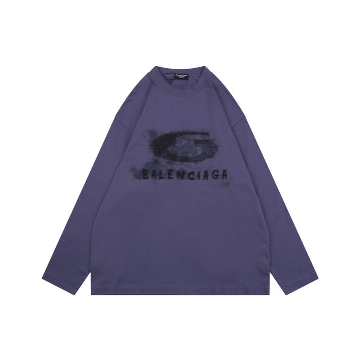 Balenciaga smoke ring letter long sleeve T-shirt purple 230g combed cotton custom dyed relaxed fit ribbed crew neck washed streetwear tee sizes S-XL
