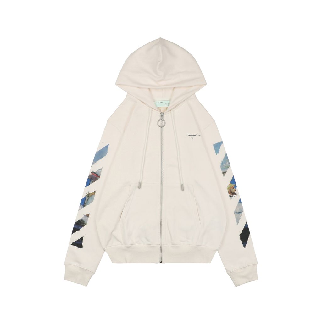 Off White watercolor oil painting Arrow zip jacket discharge print digital direct print Monet portrait sleeve graphic custom dyed streetwear outerwear sizes XS-L