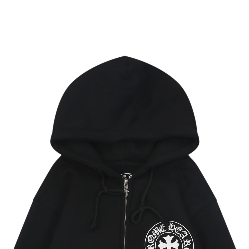 Chrome Hearts Gothic cross Sanskrit multi row print zip hoodie 420-500g heavyweight cotton fleece sword head zipper relaxed drop shoulder streetwear jacket sizes S-XL