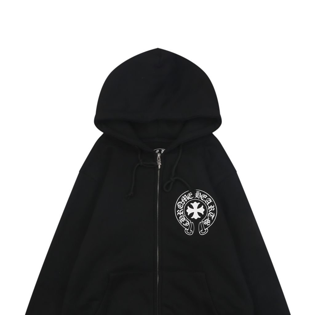 Chrome Hearts Gothic cross Sanskrit multi row print zip hoodie 420-500g heavyweight cotton fleece sword head zipper relaxed drop shoulder streetwear jacket sizes S-XL
