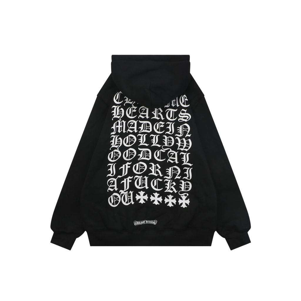 Chrome Hearts Gothic cross Sanskrit multi row print zip hoodie 420-500g heavyweight cotton fleece sword head zipper relaxed drop shoulder streetwear jacket sizes S-XL