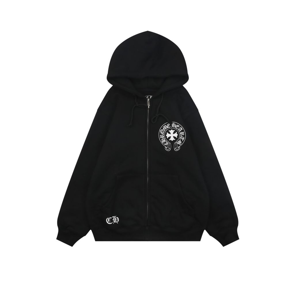 Chrome Hearts Gothic cross Sanskrit multi row print zip hoodie 420-500g heavyweight cotton fleece sword head zipper relaxed drop shoulder streetwear jacket sizes S-XL