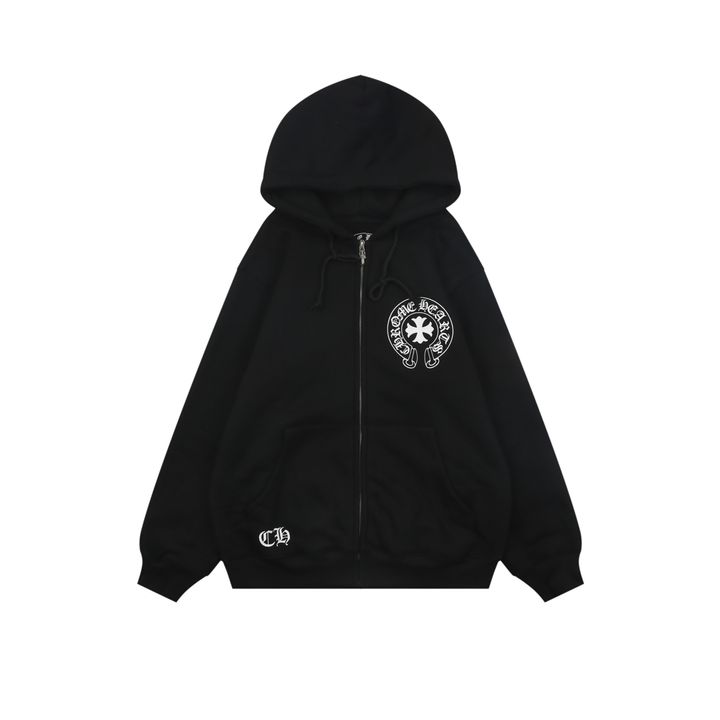Chrome Hearts Gothic cross Sanskrit multi row print zip hoodie 420-500g heavyweight cotton fleece sword head zipper relaxed drop shoulder streetwear jacket sizes S-XL