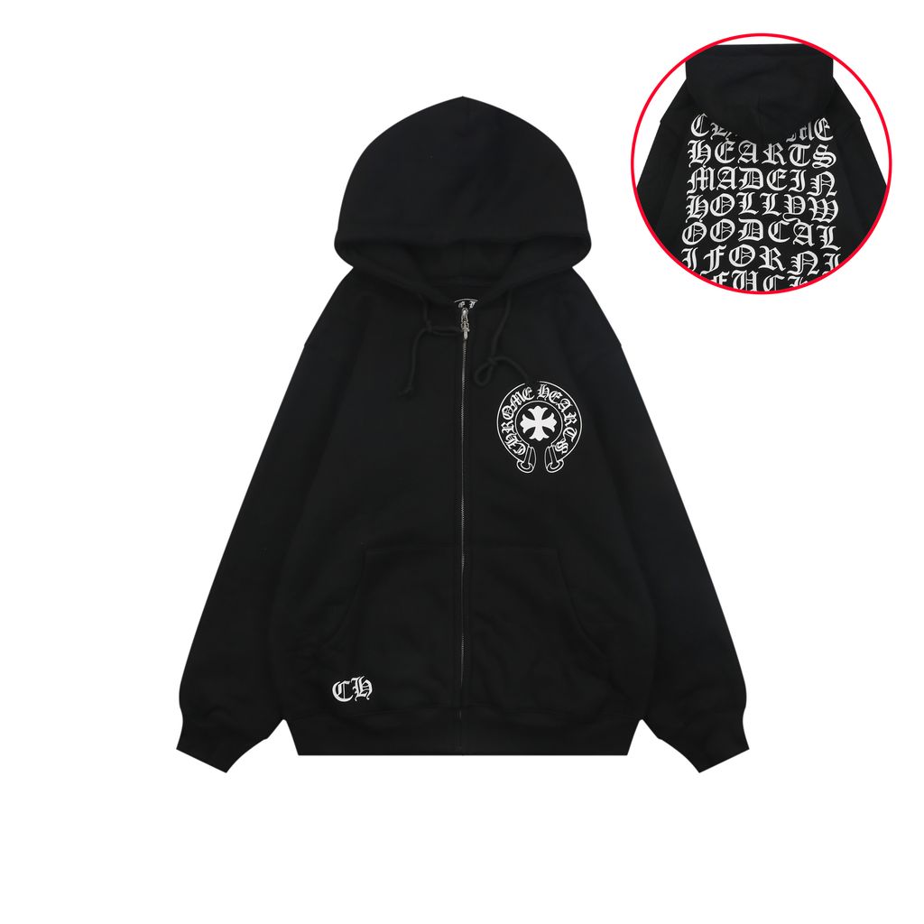 Chrome Hearts Gothic cross Sanskrit multi row print zip hoodie 420-500g heavyweight cotton fleece sword head zipper relaxed drop shoulder streetwear jacket sizes S-XL