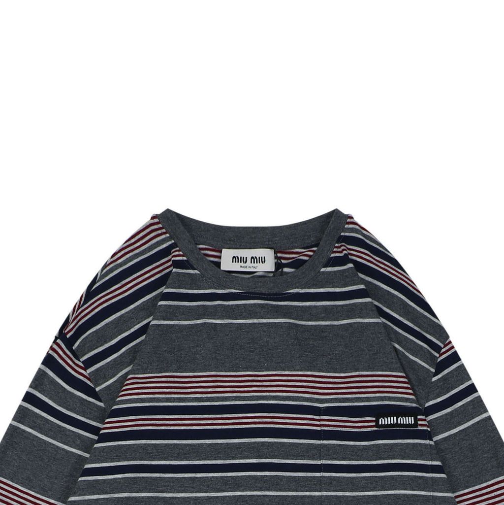 Miu Miu Automne stripe jacquard long sleeve T-shirt 185g 24S combed cotton yarn dyed stripes woven logo cropped boxy fit ribbed cuffs sizes XS-L