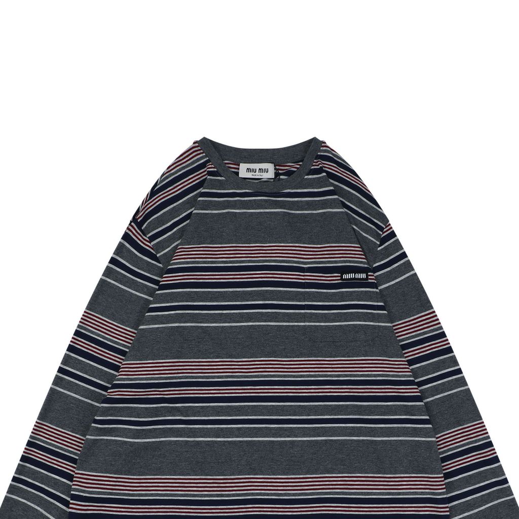 Miu Miu Automne stripe jacquard long sleeve T-shirt 185g 24S combed cotton yarn dyed stripes woven logo cropped boxy fit ribbed cuffs sizes XS-L
