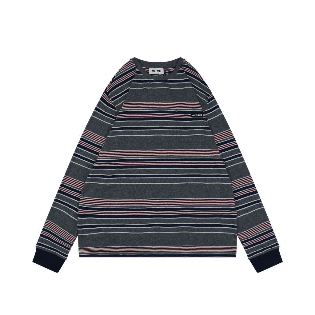 Miu Miu Automne stripe jacquard long sleeve T-shirt 185g 24S combed cotton yarn dyed stripes woven logo cropped boxy fit ribbed cuffs sizes XS-L