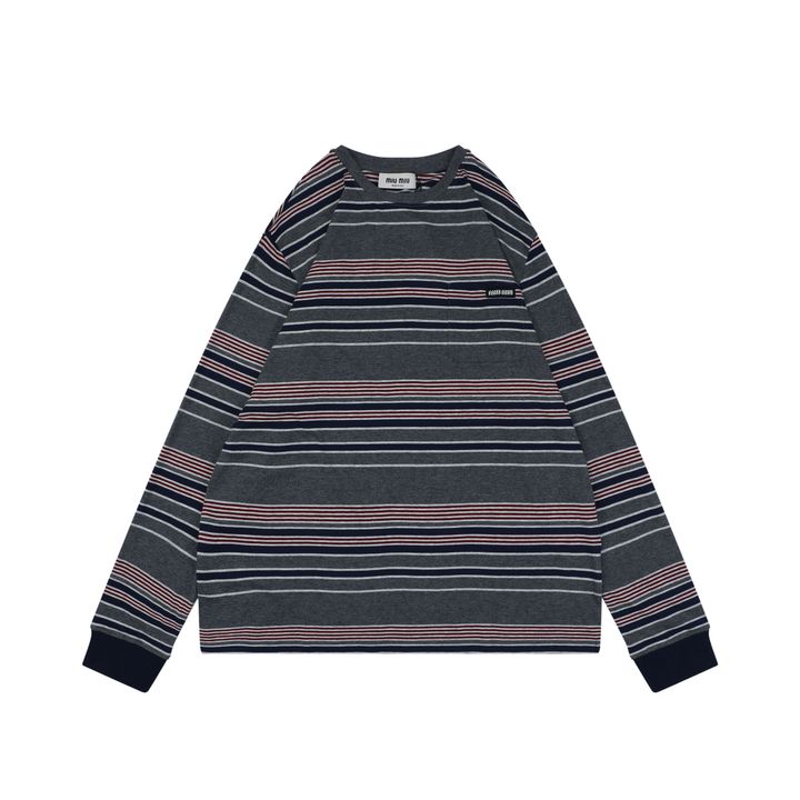 Miu Miu Automne stripe jacquard long sleeve T-shirt 185g 24S combed cotton yarn dyed stripes woven logo cropped boxy fit ribbed cuffs sizes XS-L