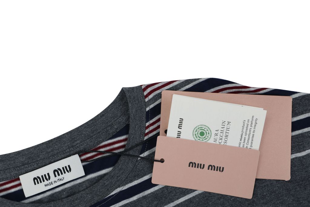 Miu Miu Automne stripe jacquard long sleeve T-shirt 185g 24S combed cotton yarn dyed stripes woven logo cropped boxy fit ribbed cuffs sizes XS-L
